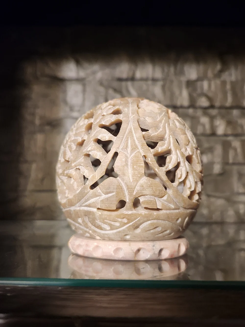 Handcrafted Carved Soapstone Tealight Holder With Floral Cutouts